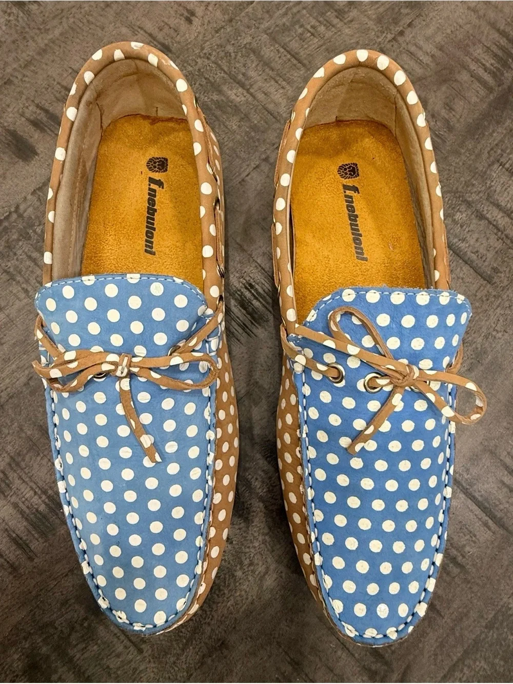 VINTAGE/Polka Dot Tan Driving Loafers with Blue Interior
